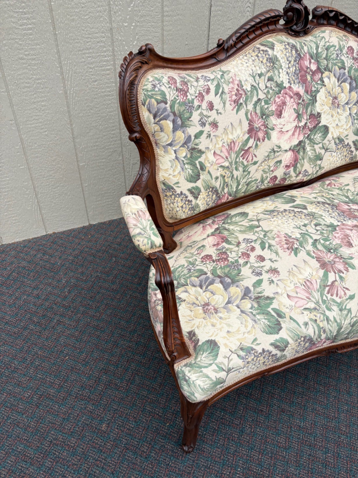 67710 Antique French Louis XV Style Loveseat with Floral Upholstery