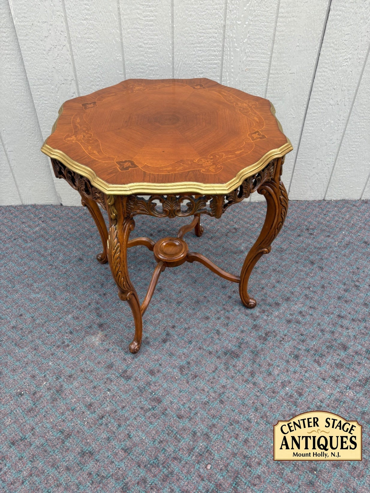 67987 Ornate French Louis XV Style Inlaid Walnut Side Table