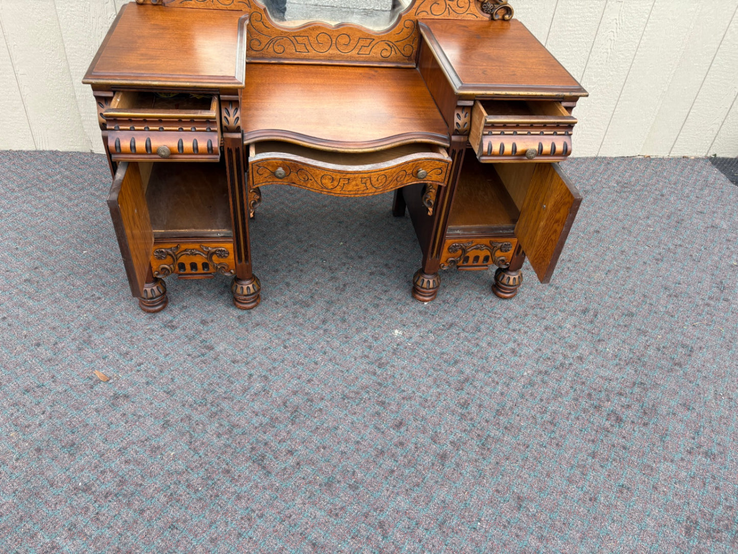 67896 Art Deco Vanity with Mirror, Intricate Carvings, Walnut Finish