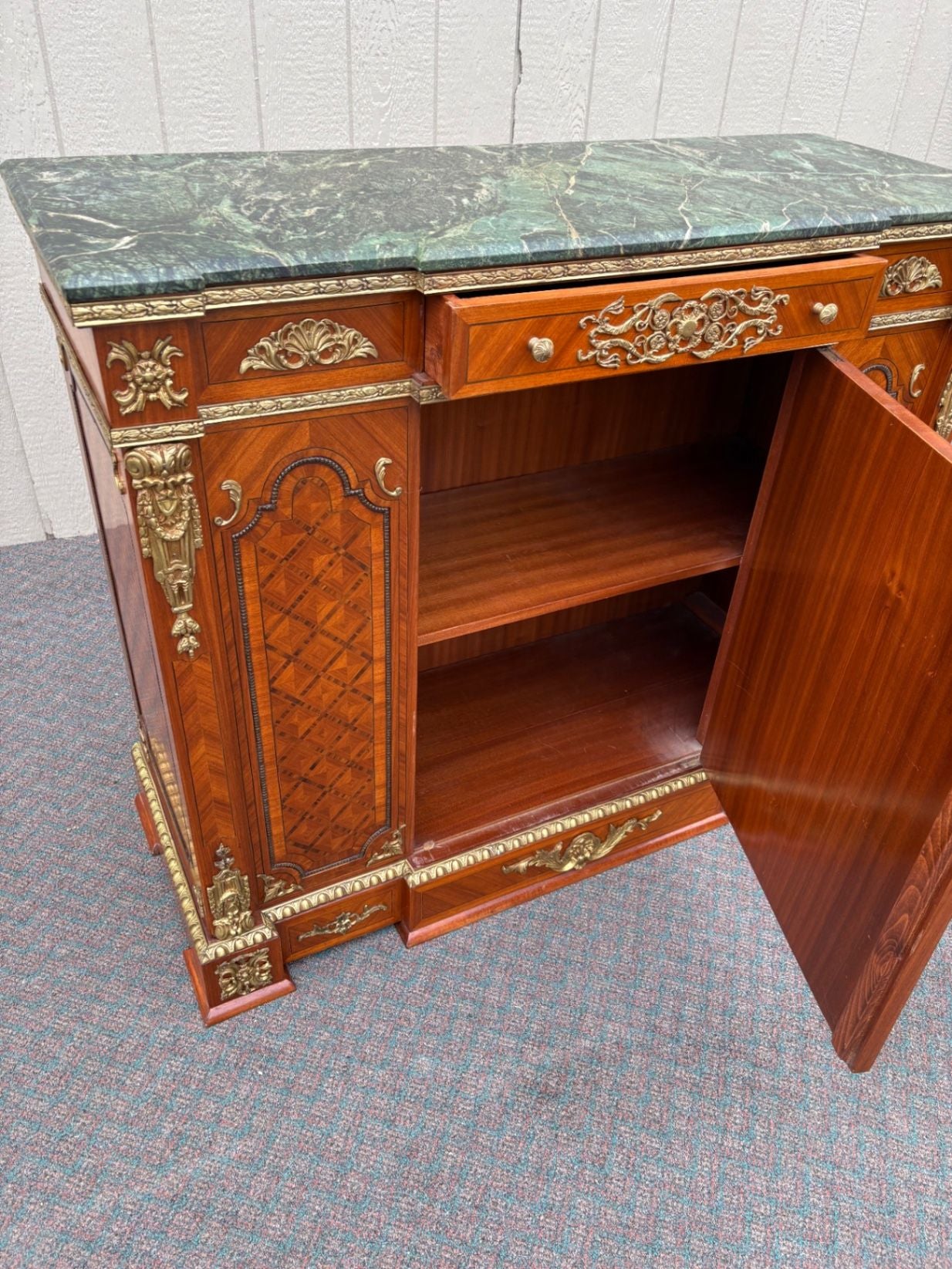 67520 Ornate French Style Marble Top Sideboard with Inlay and Gilt Details