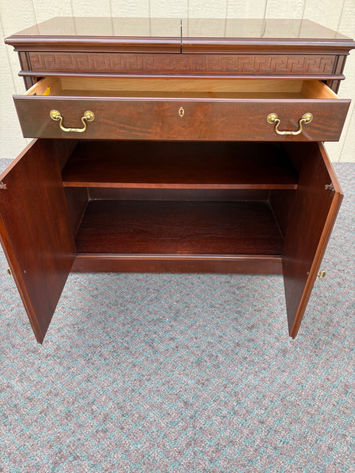 67768 Drexel Mid-Century Modern Mahogany Bar Cabinet with Greek Key Design