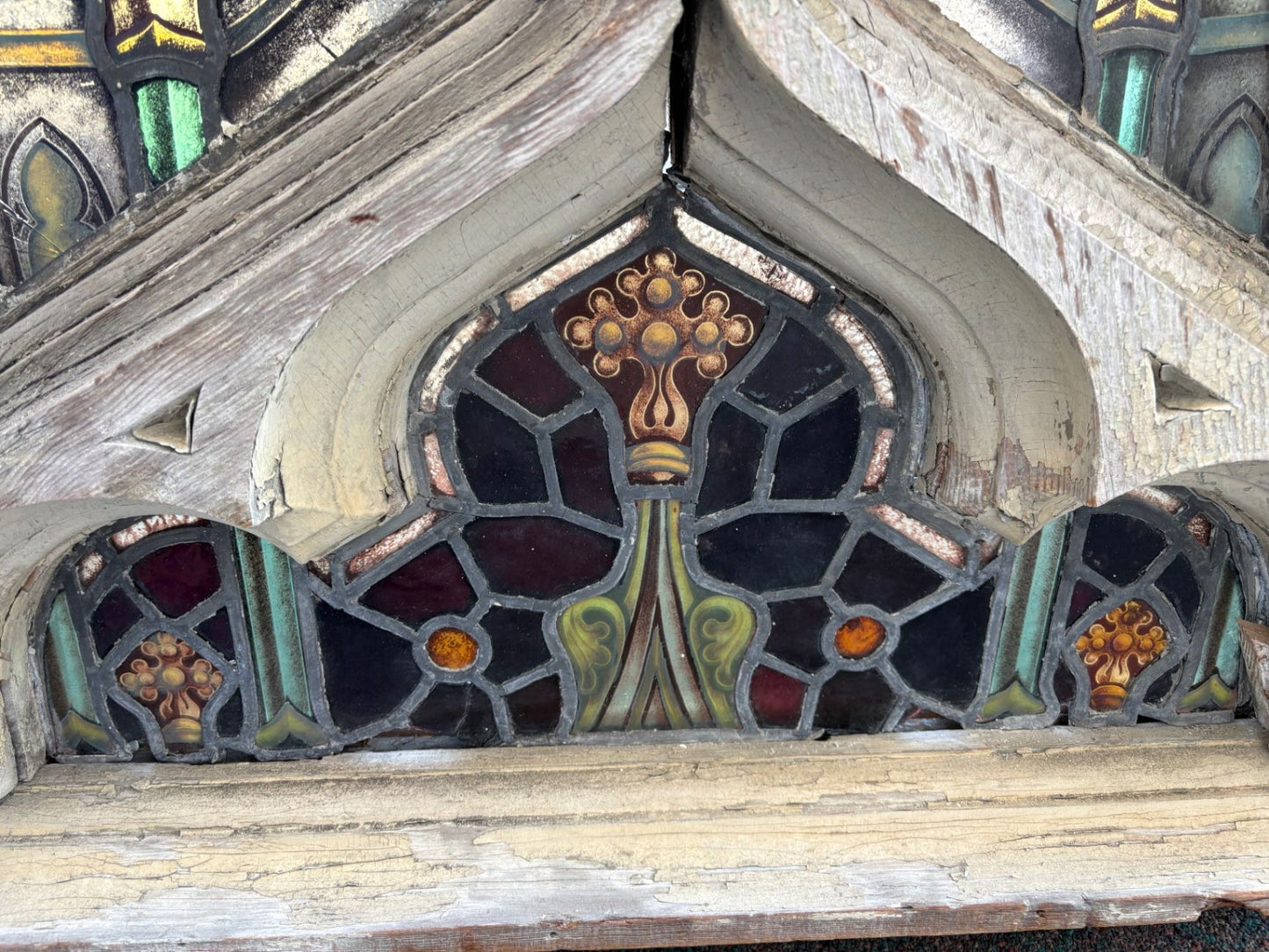 67488 Gothic Arched Stained Glass Window with Wooden Frame