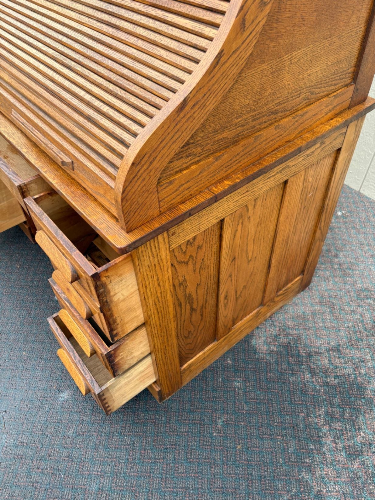 67465 Antique Oak Roll Top Desk, Early 1900s, Solid Oak