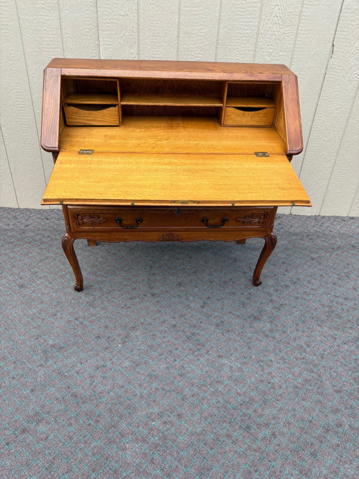 68097 Vintage French Provincial Oak Slant Front Desk with Carved Details