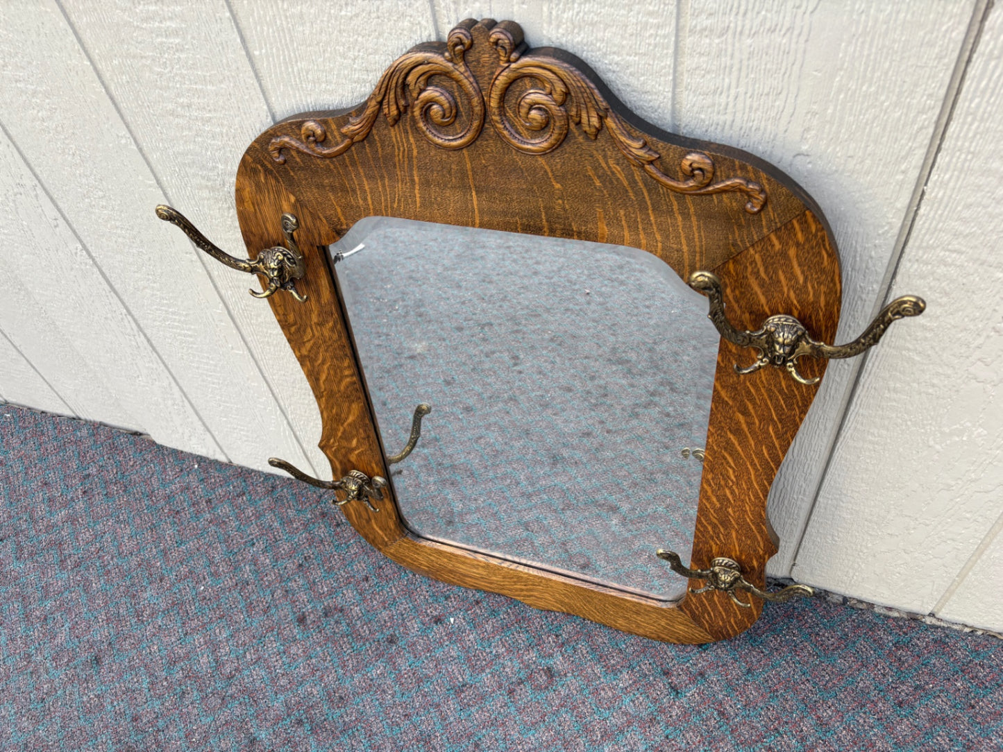 67988  Antique Victorian Oak Mirror Hat Rack with Ornate Brass Hooks