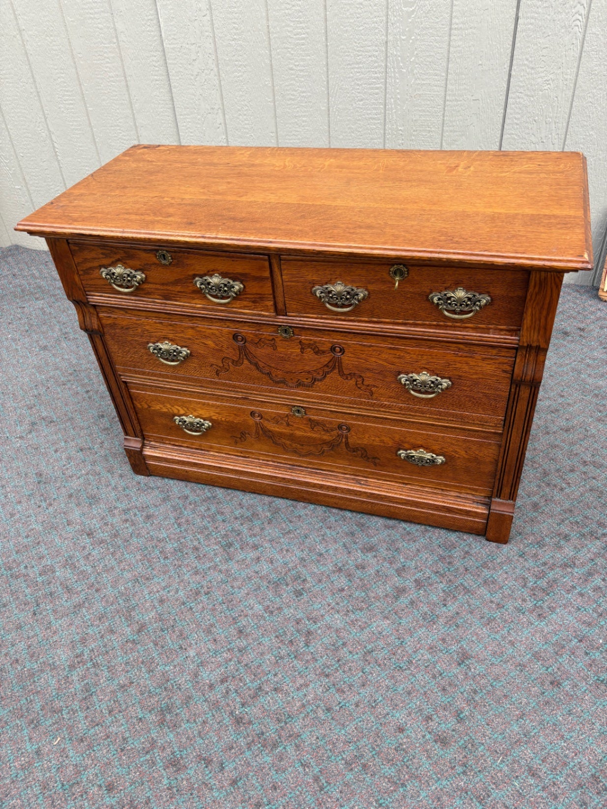 67959 Victorian Oak Dresser with Brass Hardware and Carved Details