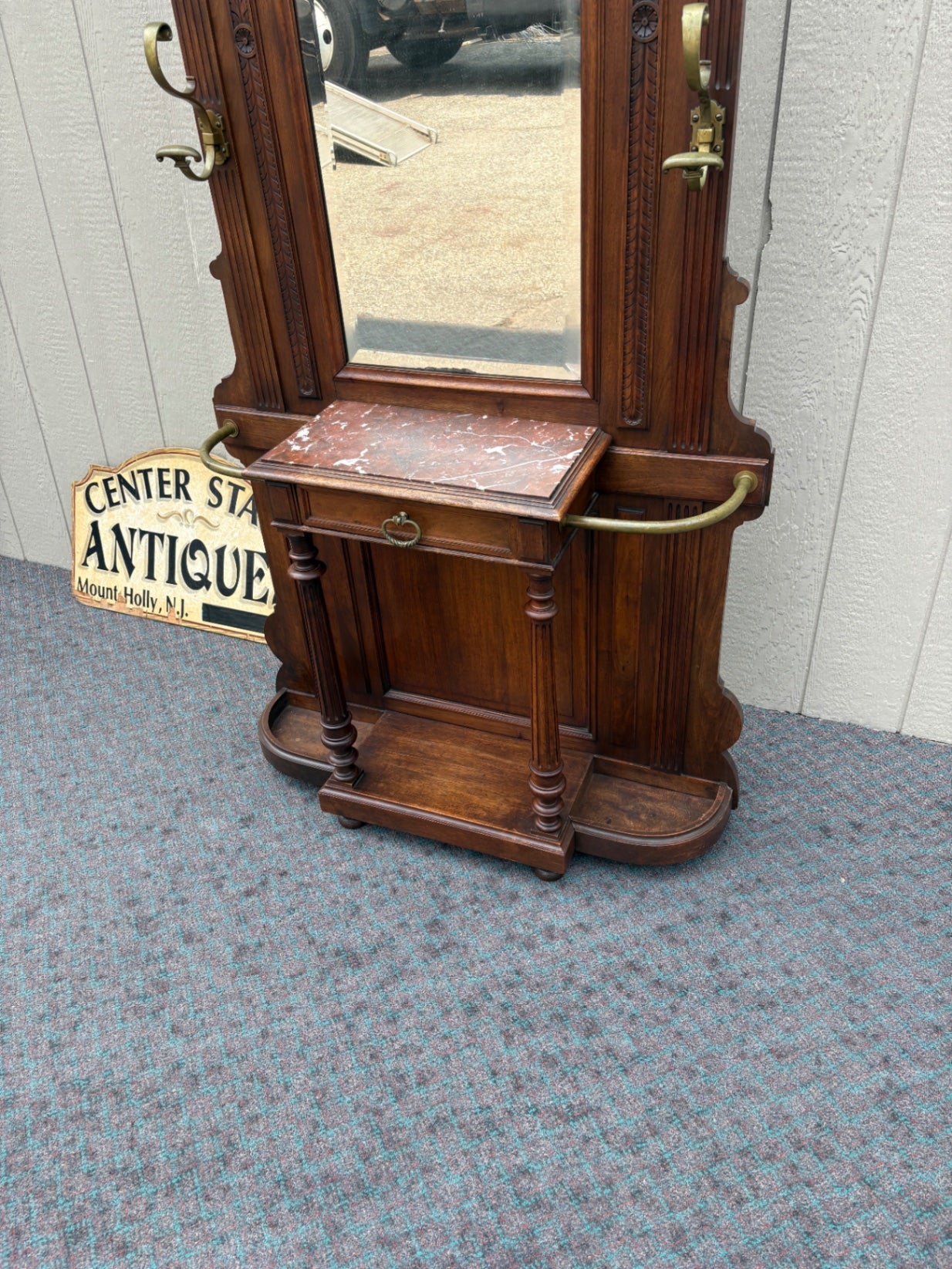 67570 Victorian Hall Tree Hatrack with Mirror and Marble Shelf