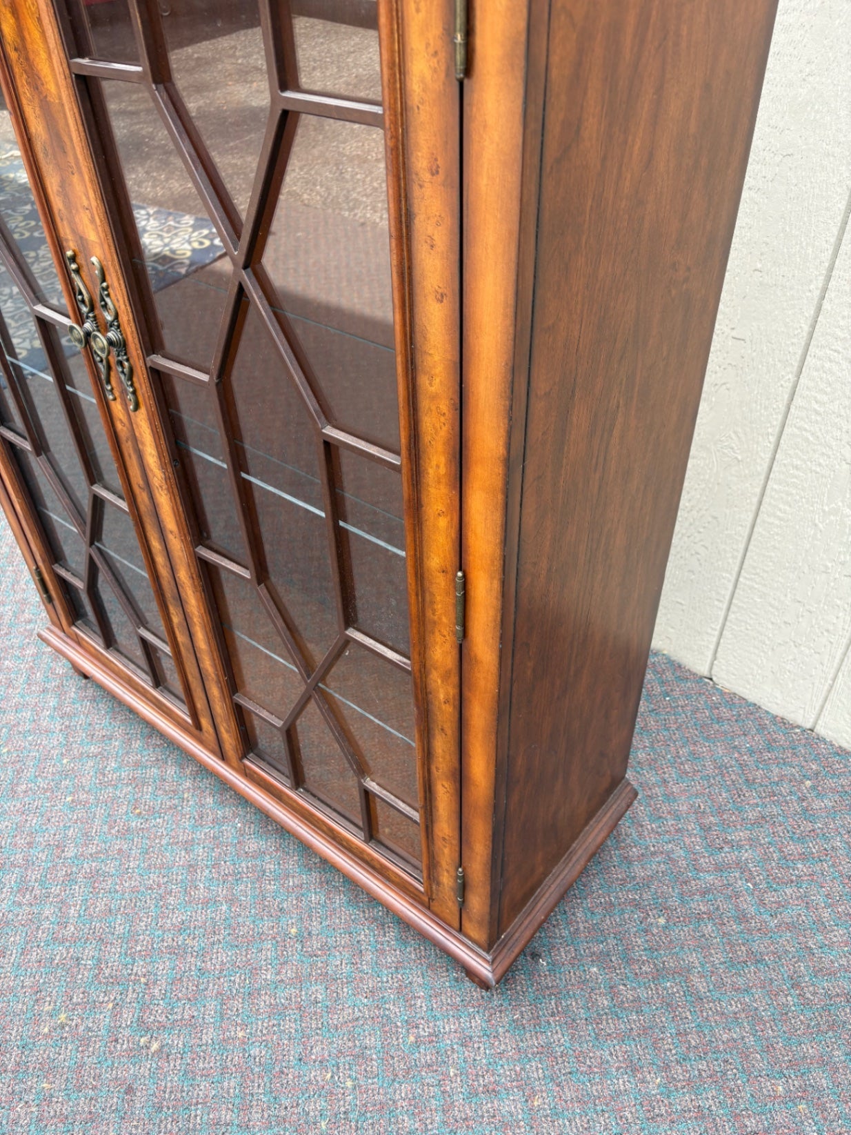 67660 Vintage Glass Front Bookcase with Geometric Wood Inlay