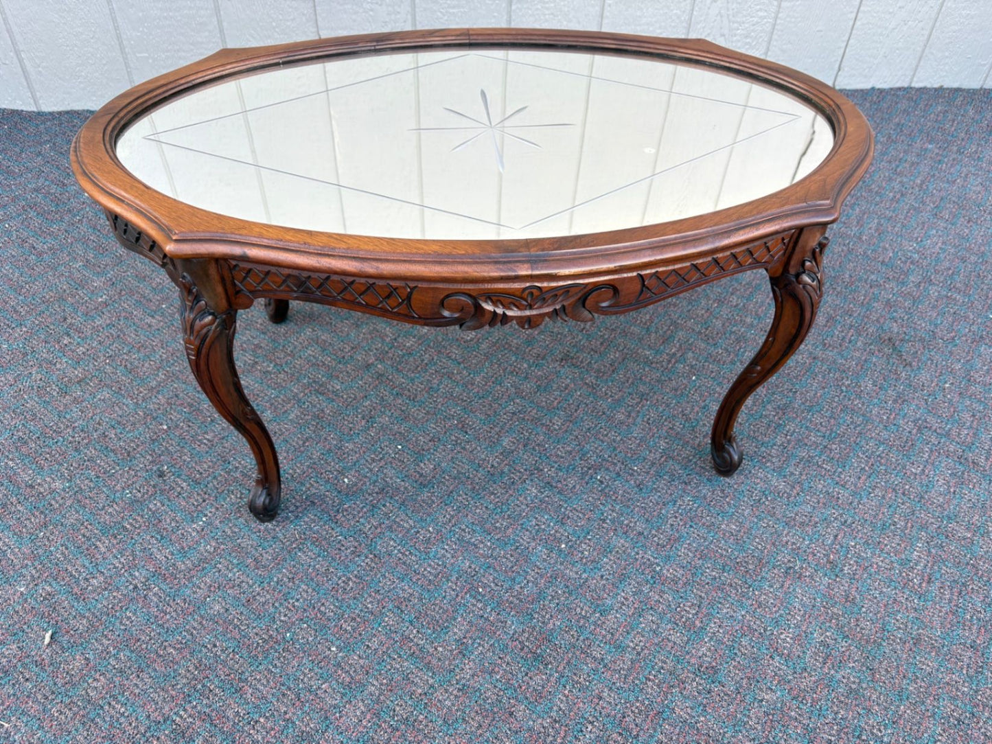 67432  Vintage French Provincial Etched Glass Coffee Table