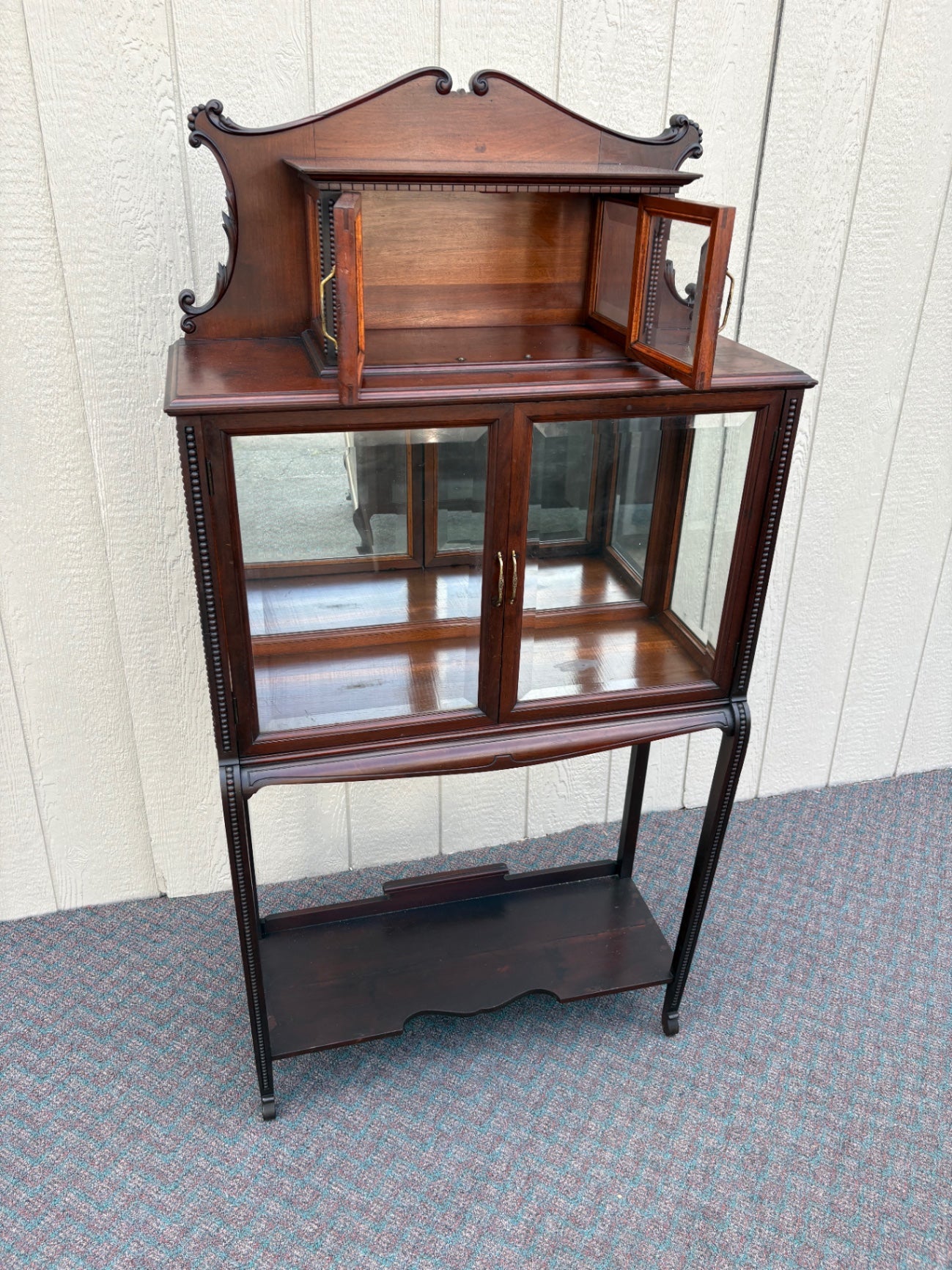 67820 Antique Mahogany Curio Cabinet with Glass Doors and Shelves