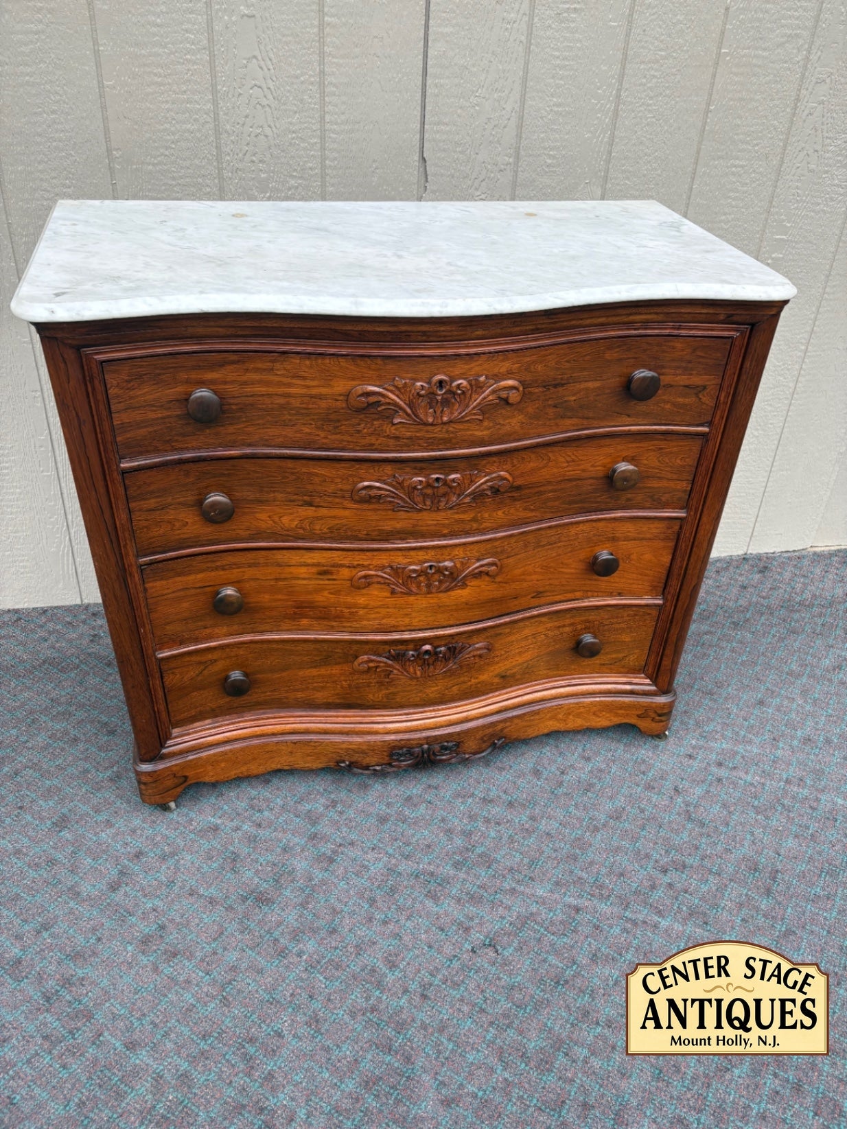 Antique Rosewood Chest with Marble Top and Carved Details