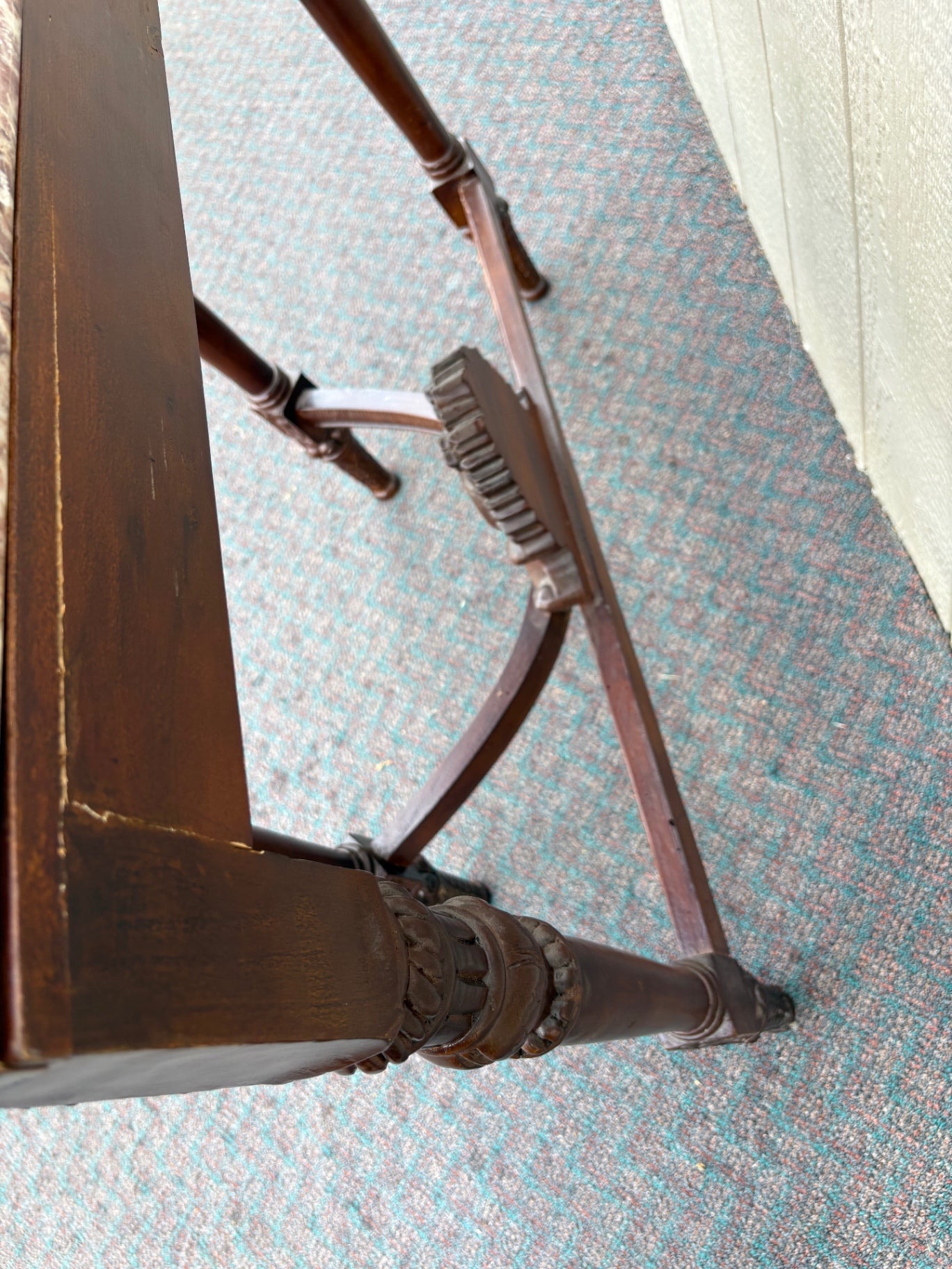 67674 Victorian Marble Top Demilune Console Table with Carved Mahogany