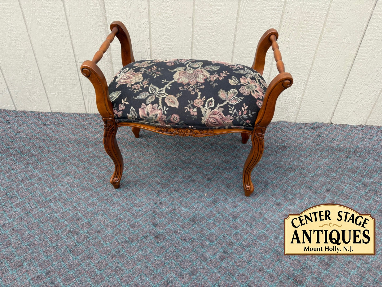 68098 Vintage Carved Wood Window Bench with Floral Upholstery