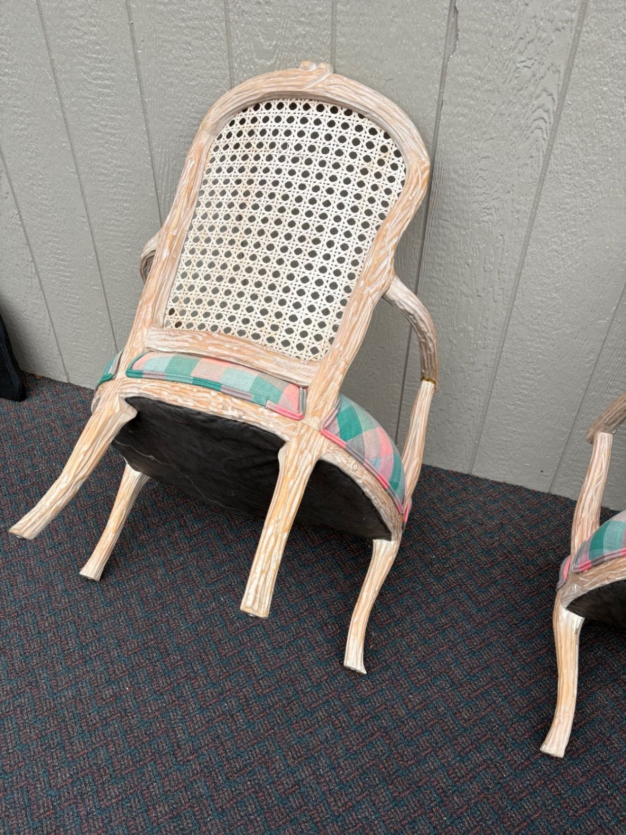 67549 Pair of French Provincial Caned Armchairs with Plaid Upholstery