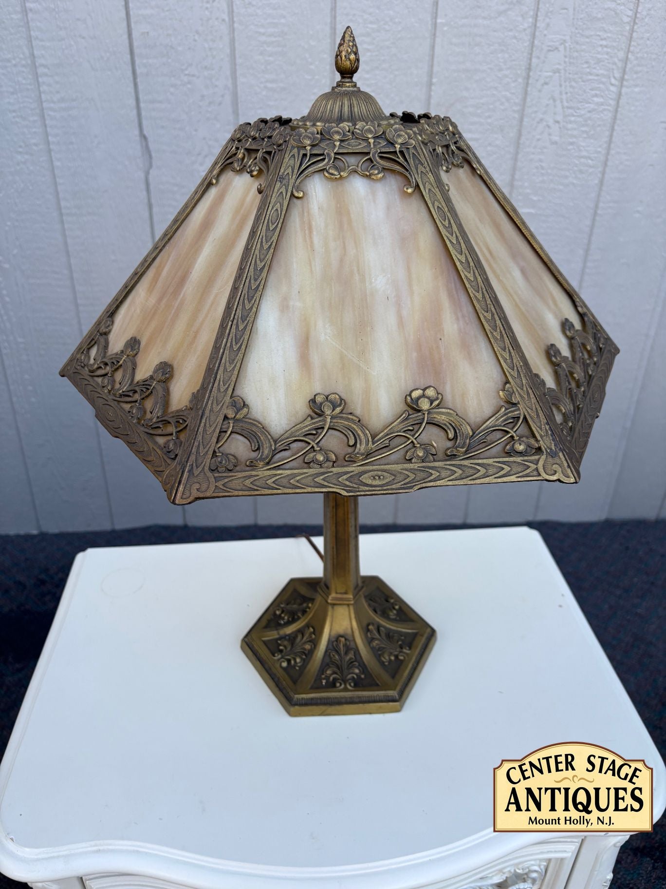 67451  Victorian Slag Glass Table Lamp with Ornate Brass Base