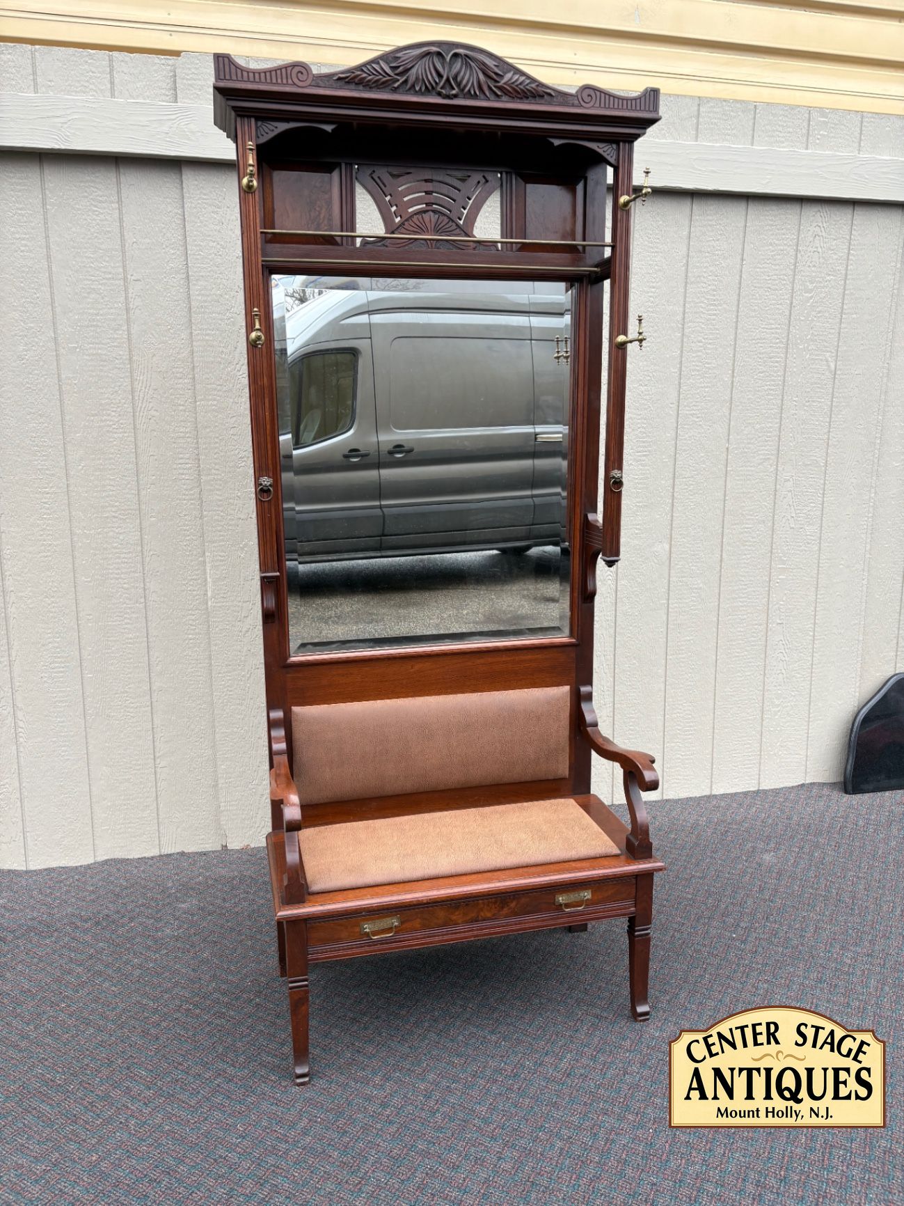67402 Victorian Hall Seat with Mirror and Brass Hooks in Mahogany
