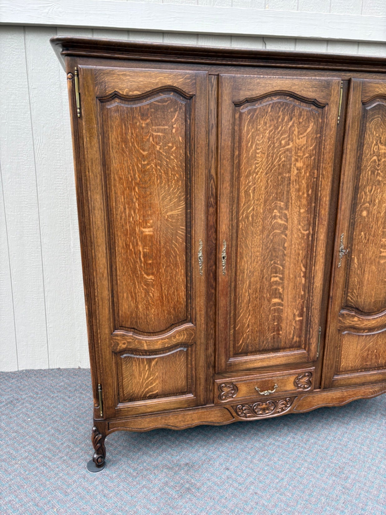 67687  Antique French Provincial Oak Wardrobe with Carved Details