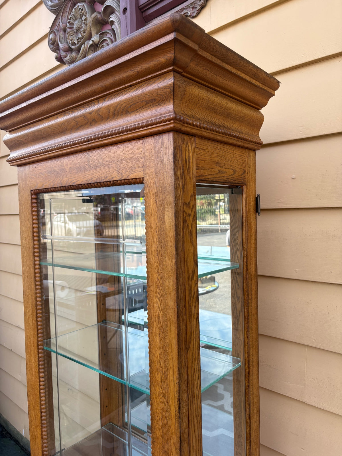 68202  Oak Curio Cabinet with Etched Glass and Crown Molding