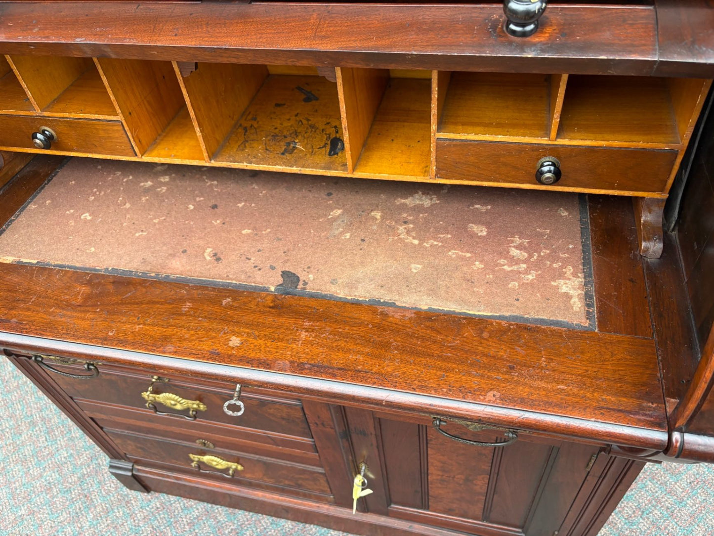 67689  Victorian Cylinder Secretary Desk with Glass Cabinet Top