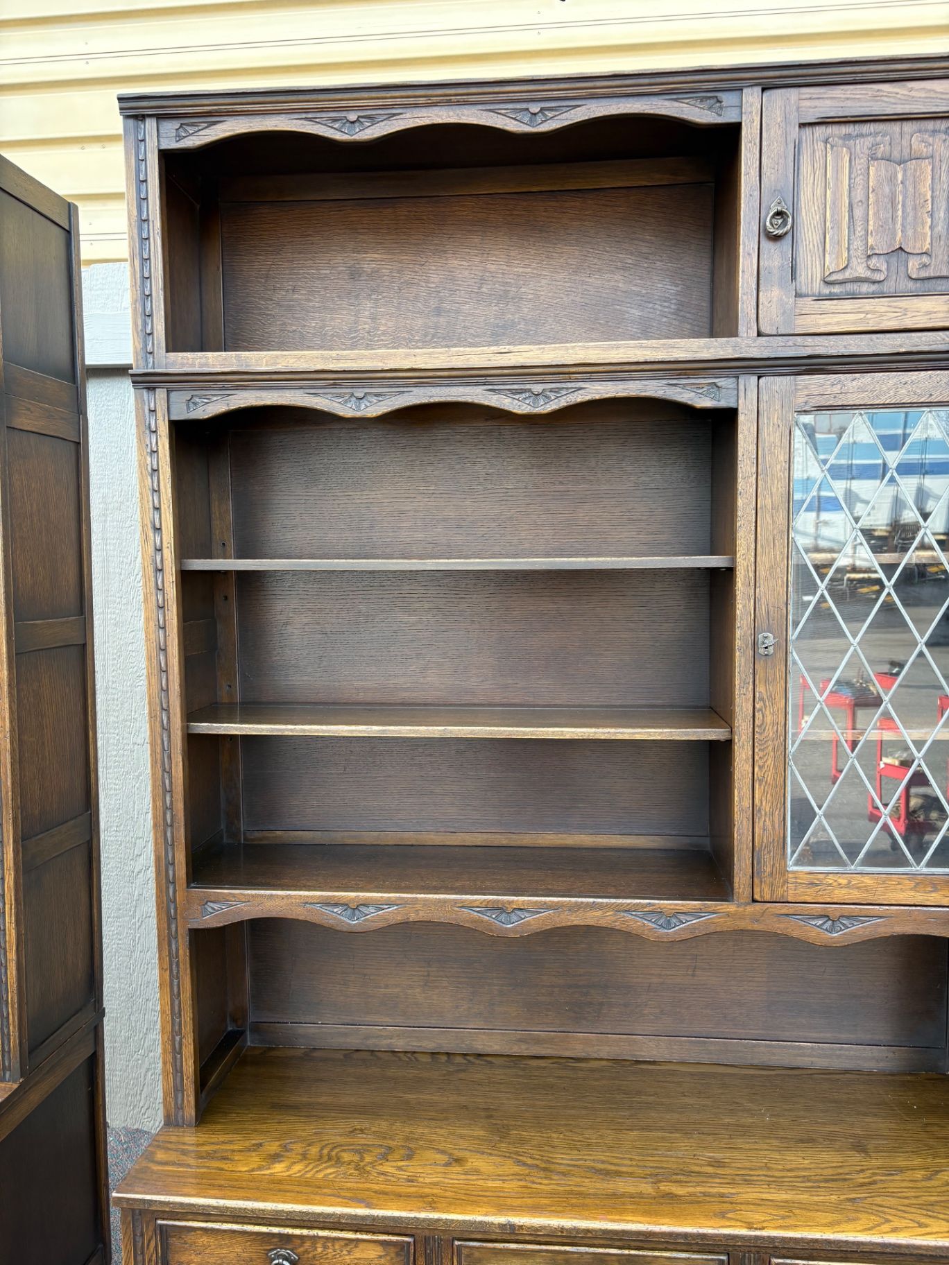 67409 Vintage Oak Bookcase Cabinet with Glass Doors and Shelves