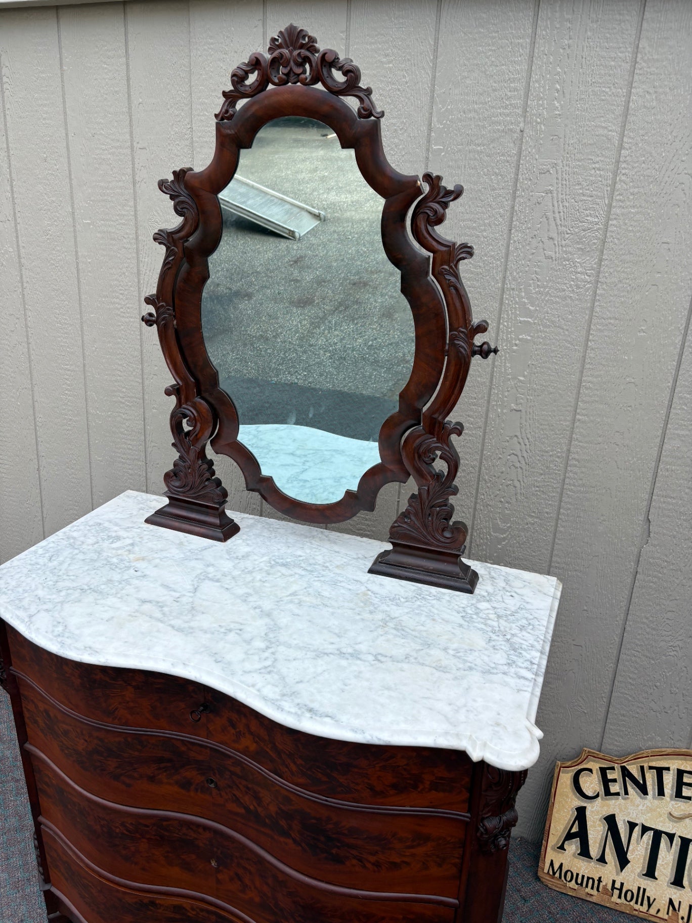 67937 Victorian Marble Top Dresser with Ornate Mirror and Carved Detai – Center Stage Antiques