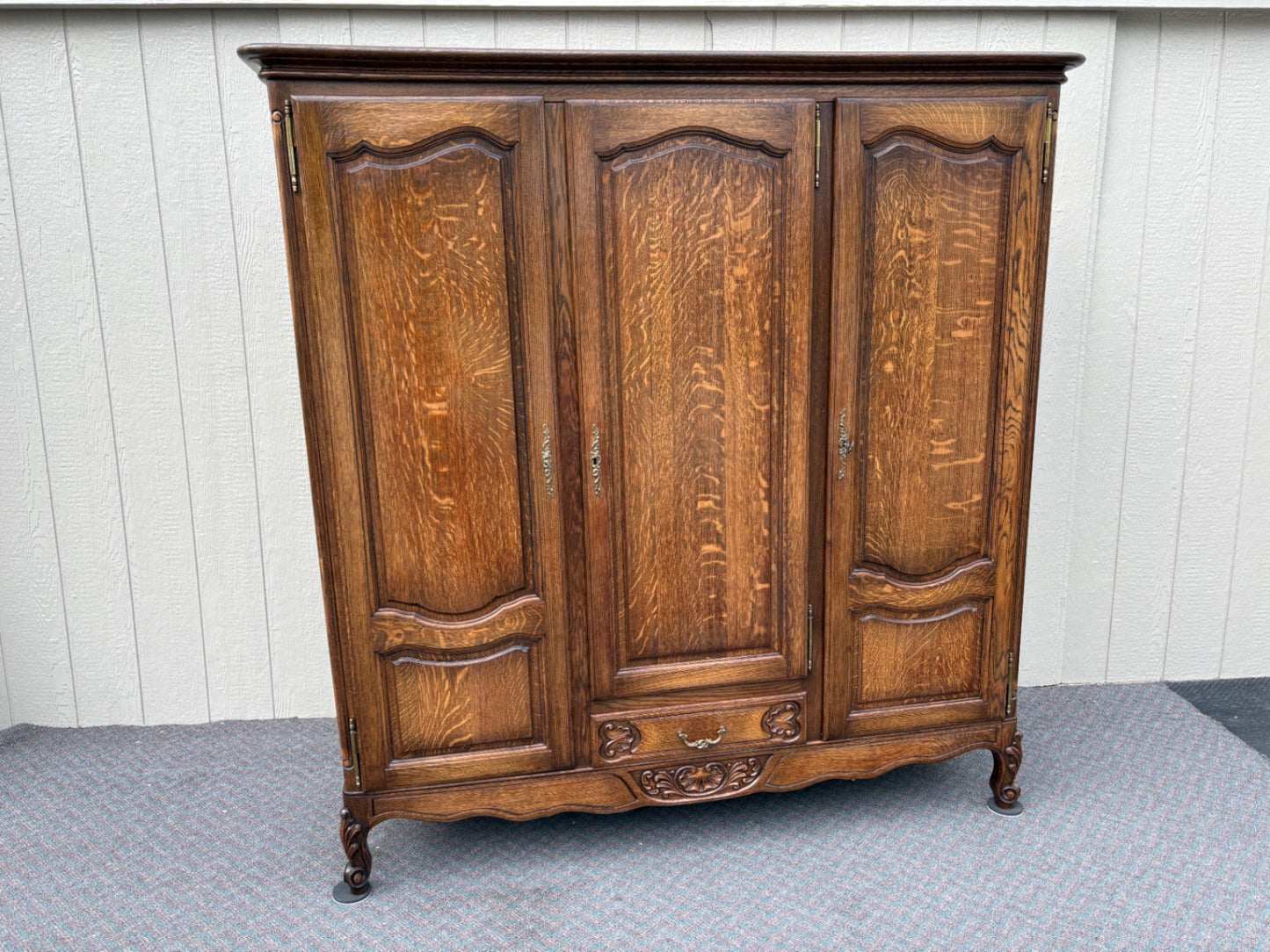 67687  Antique French Provincial Oak Wardrobe with Carved Details