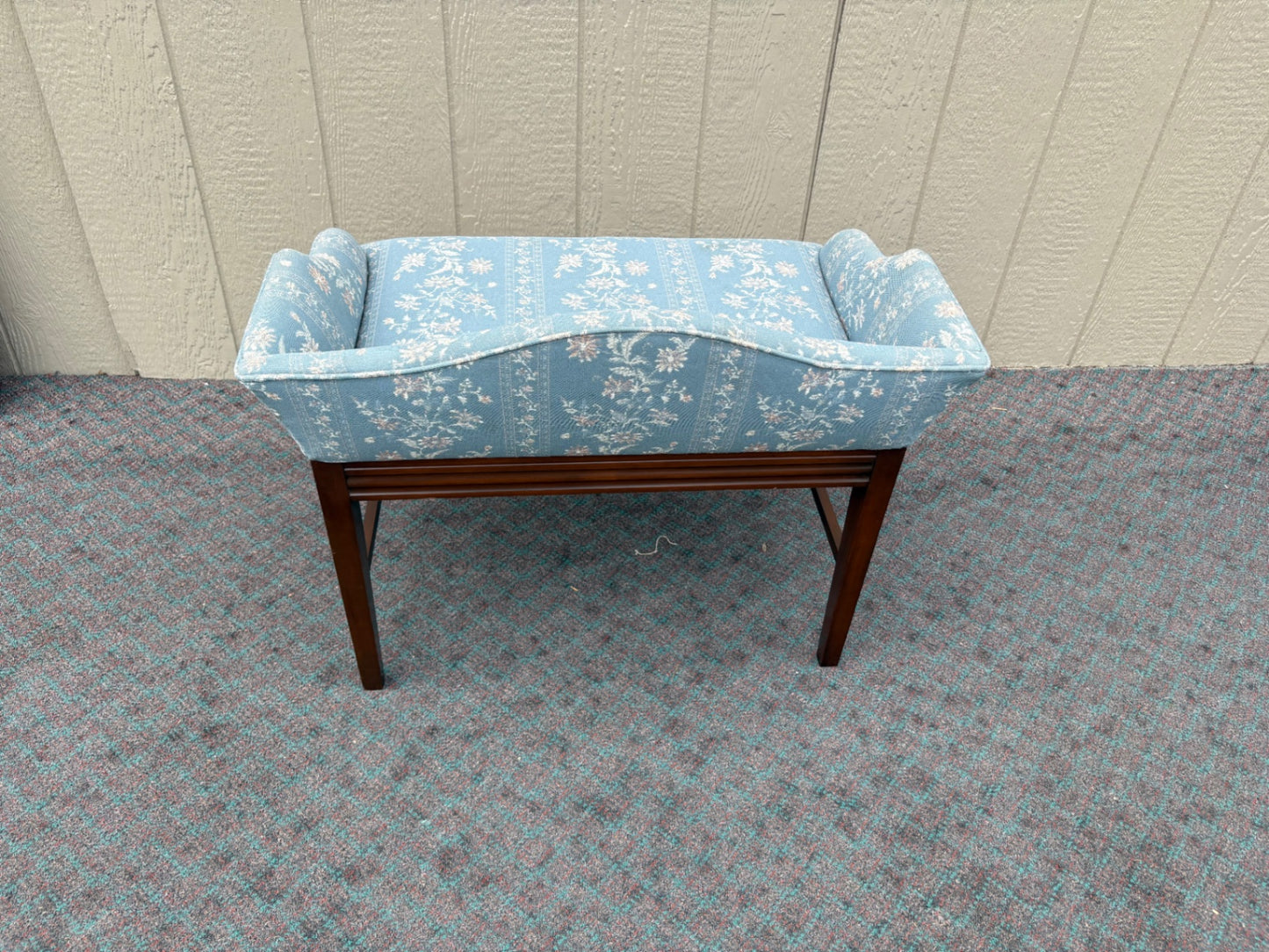 Vintage Carved Mahogany Vanity Bench with Blue Floral Upholstery