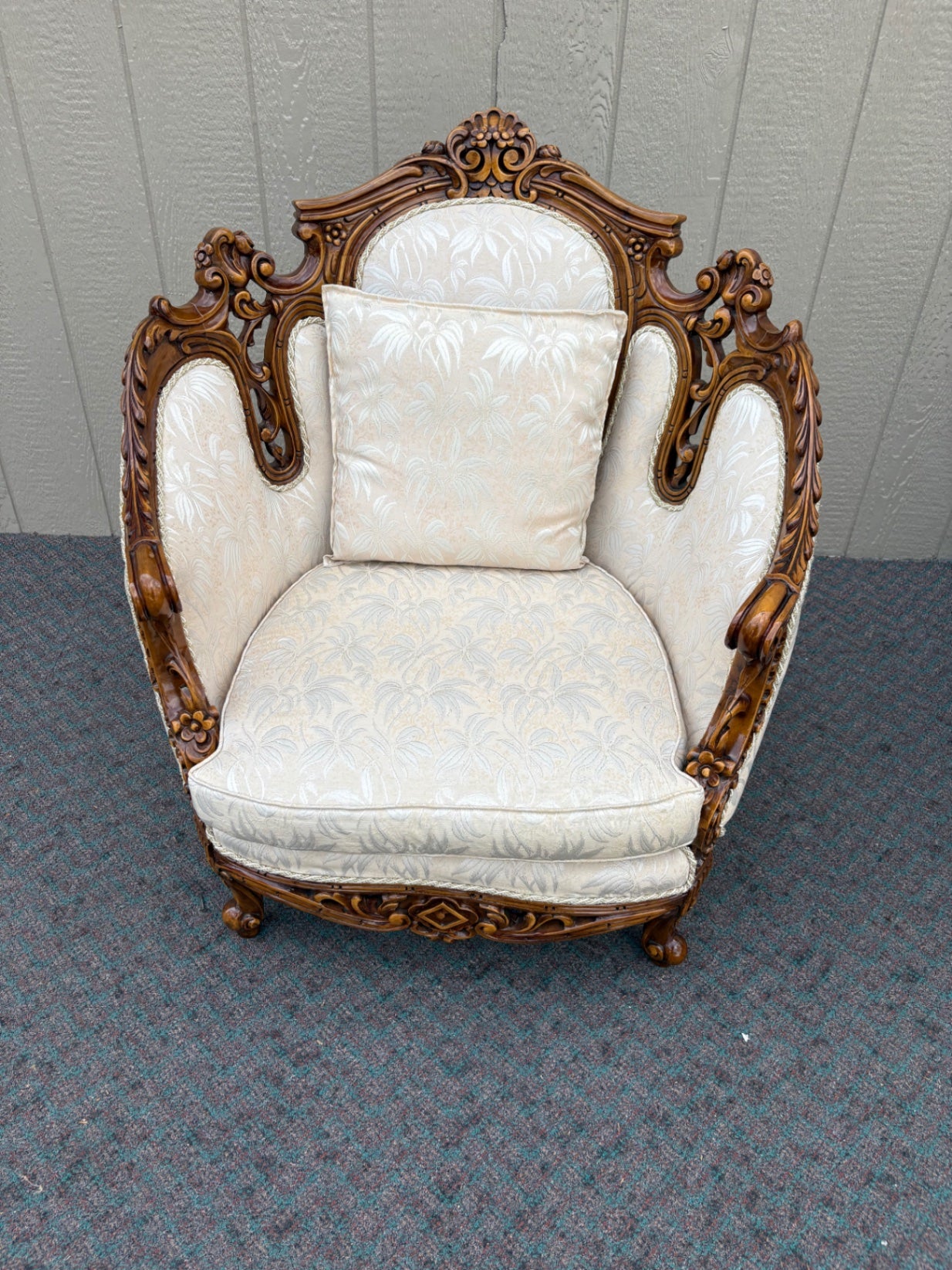 67670 Pair of Victorian Revival Armchairs with Carved Wood Frames