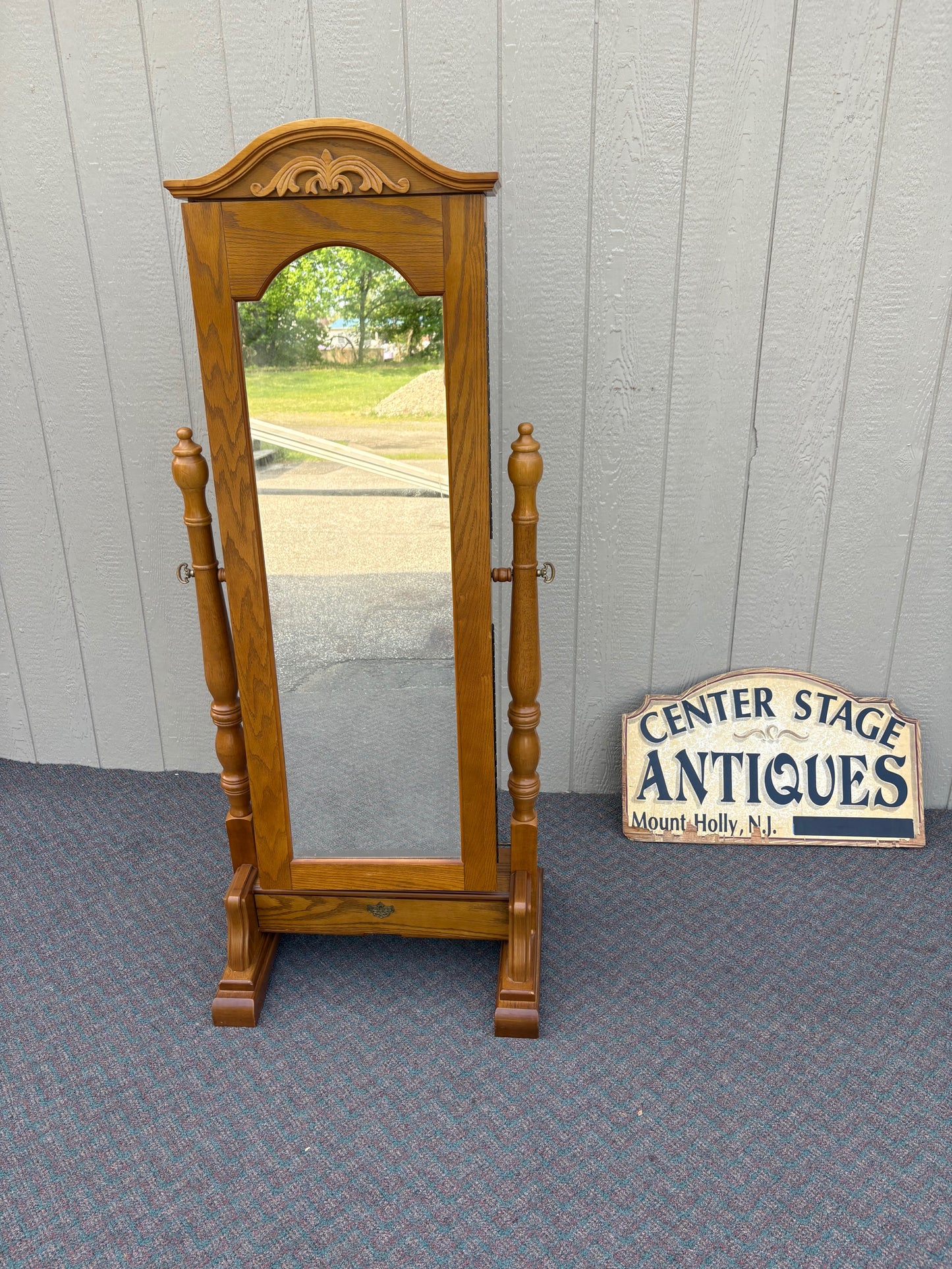 67715 Oak Cheval Mirror with Jewelry Storage, Traditional Style