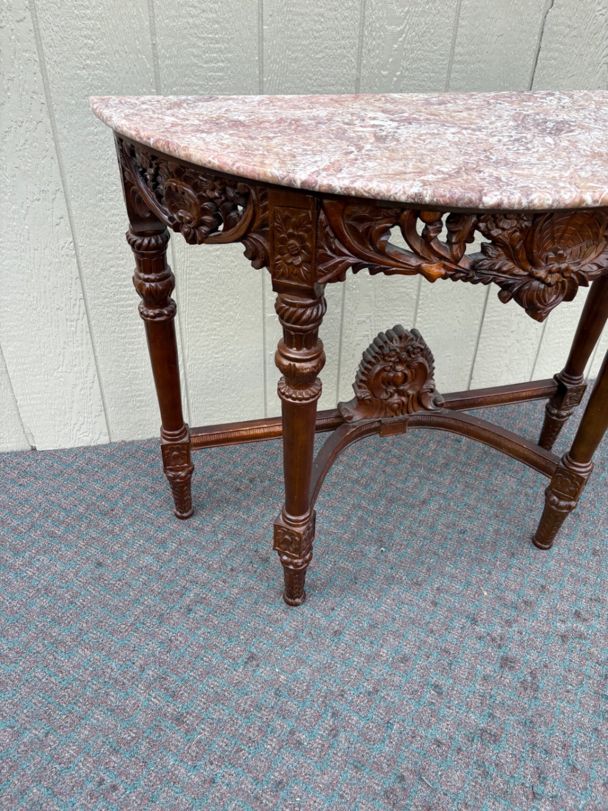 67674 Victorian Marble Top Demilune Console Table with Carved Mahogany