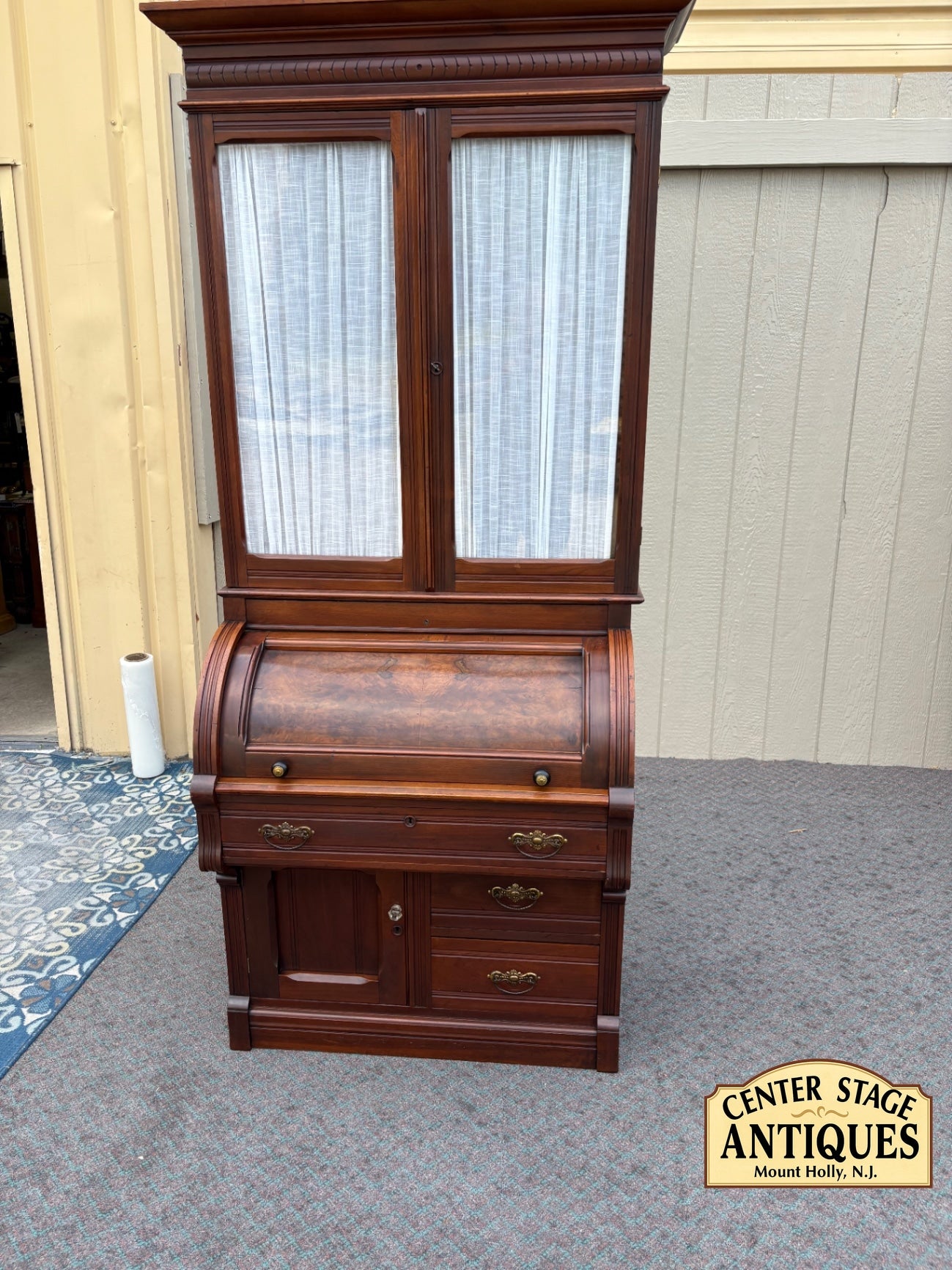 67934  Victorian Cylinder Secretary Desk with Display Cabinet