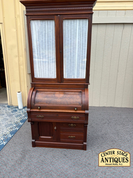 67934  Victorian Cylinder Secretary Desk with Display Cabinet