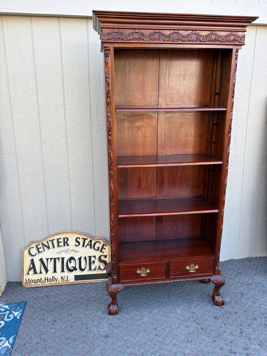67941 Ornate Mahogany Chippendale Bookcase with Claw Feet and Drawers