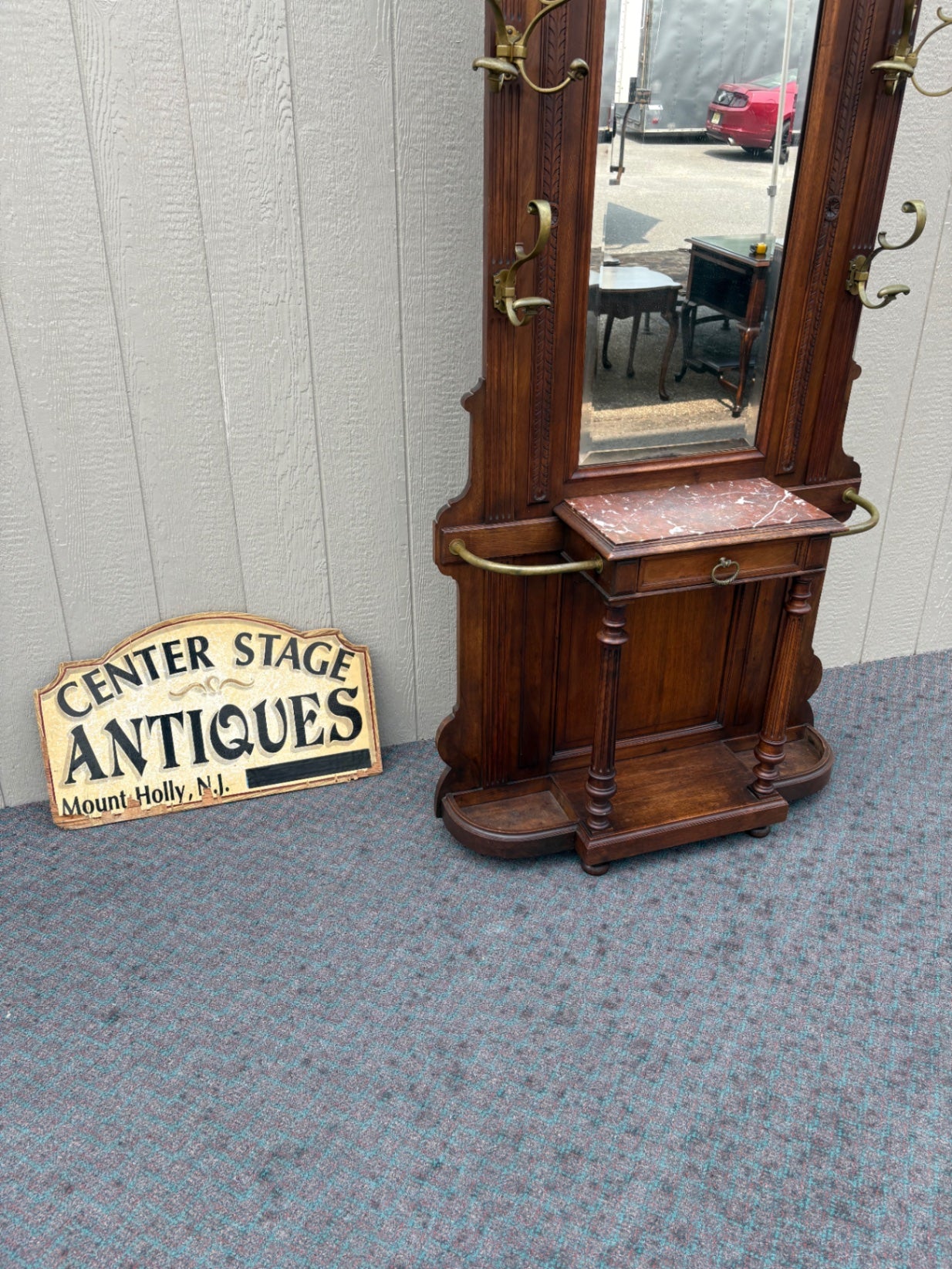 67570 Victorian Hall Tree Hatrack with Mirror and Marble Shelf