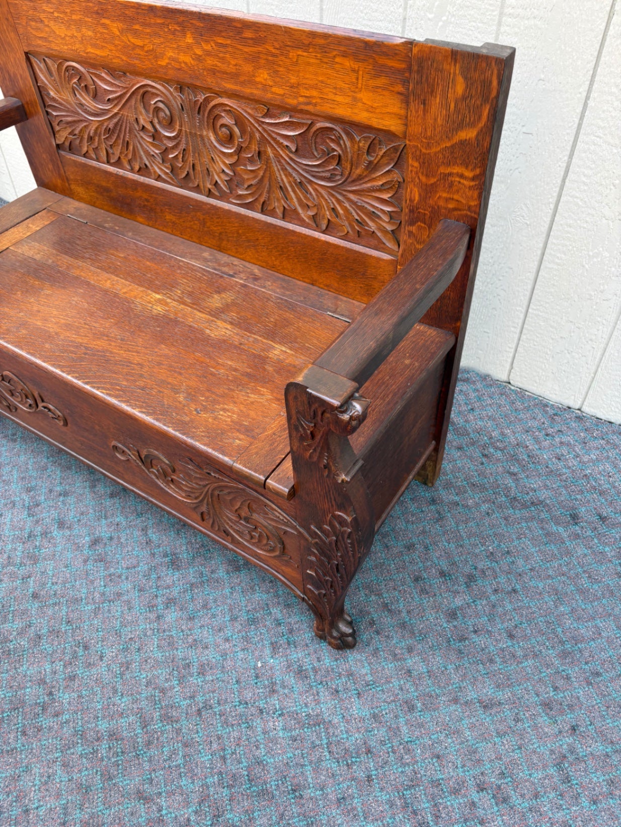 67891  Victorian Oak Carved Storage Bench with Lion Motif Details
