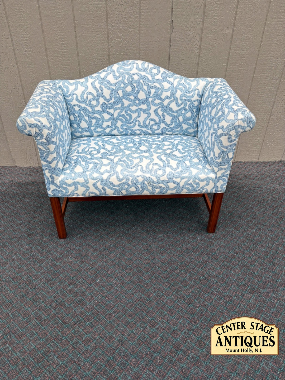 68145  Elegant Window Bench Settee with Blue Patterned Upholstery