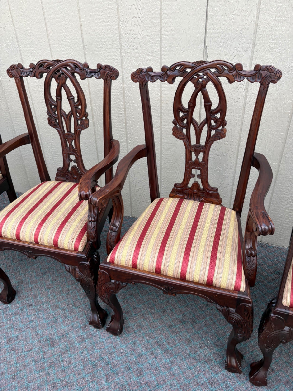 68024 Set of 6 Chippendale Dining Chairs with Striped Upholstery