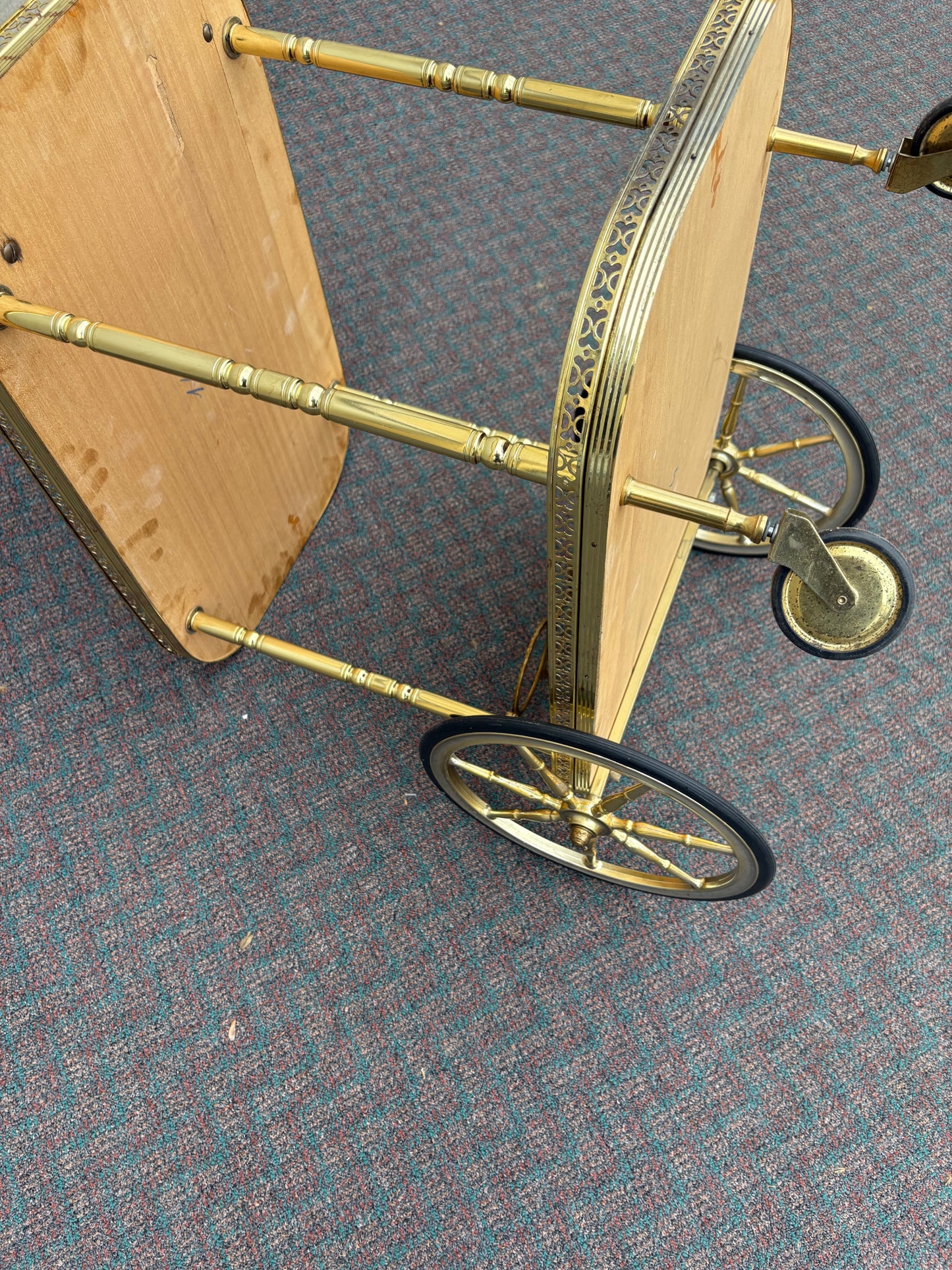 67707 Italian Mid-Century Inlaid Wood and Brass Bar Cart with Floral Motif