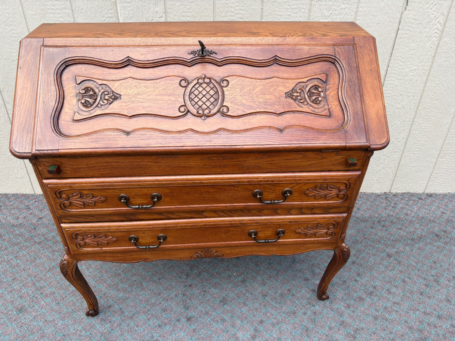 68097 Vintage French Provincial Oak Slant Front Desk with Carved Details