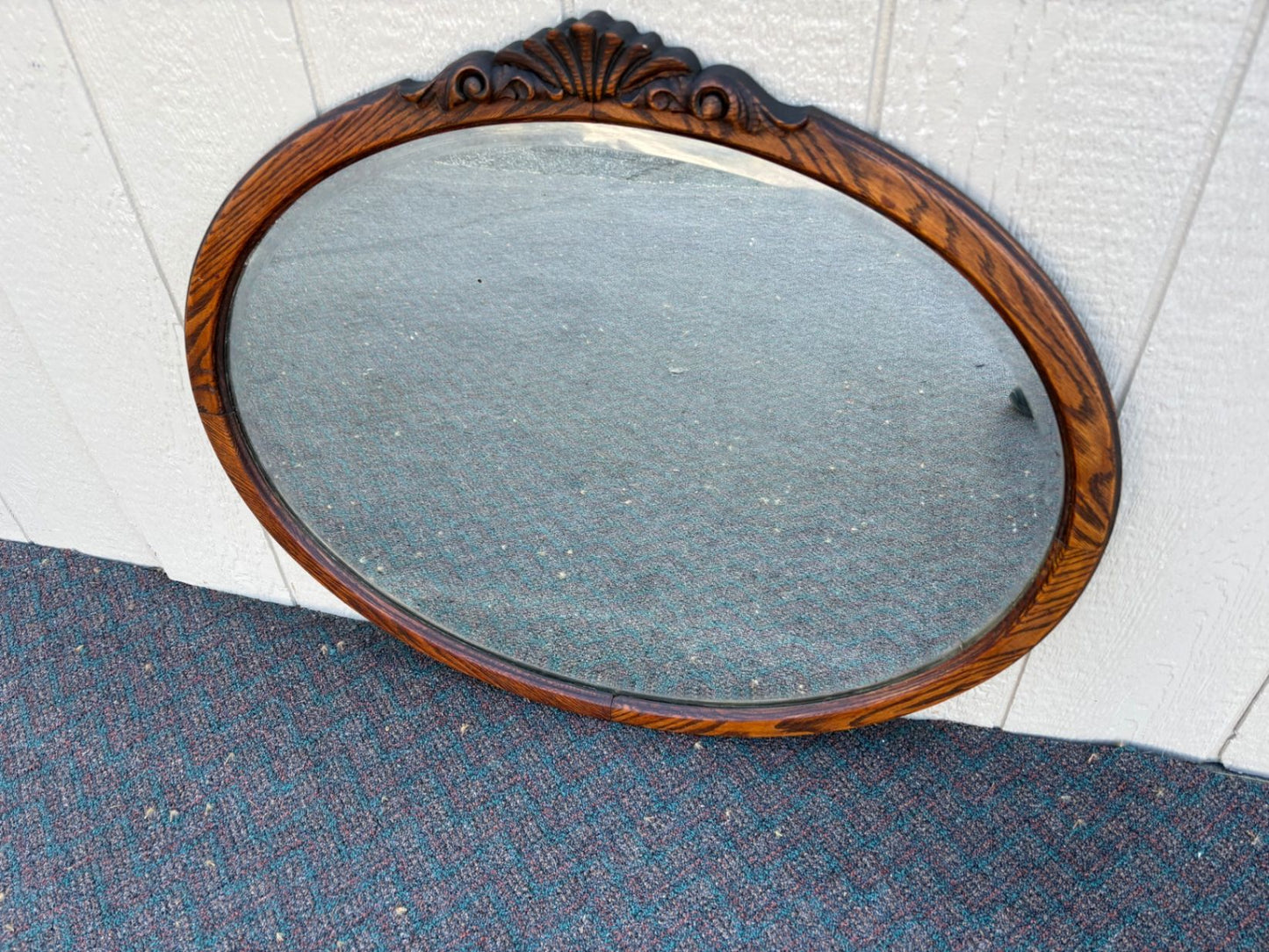 67652 Antique Victorian Oval Oak Beveled Wall Mirror with Carved Detail