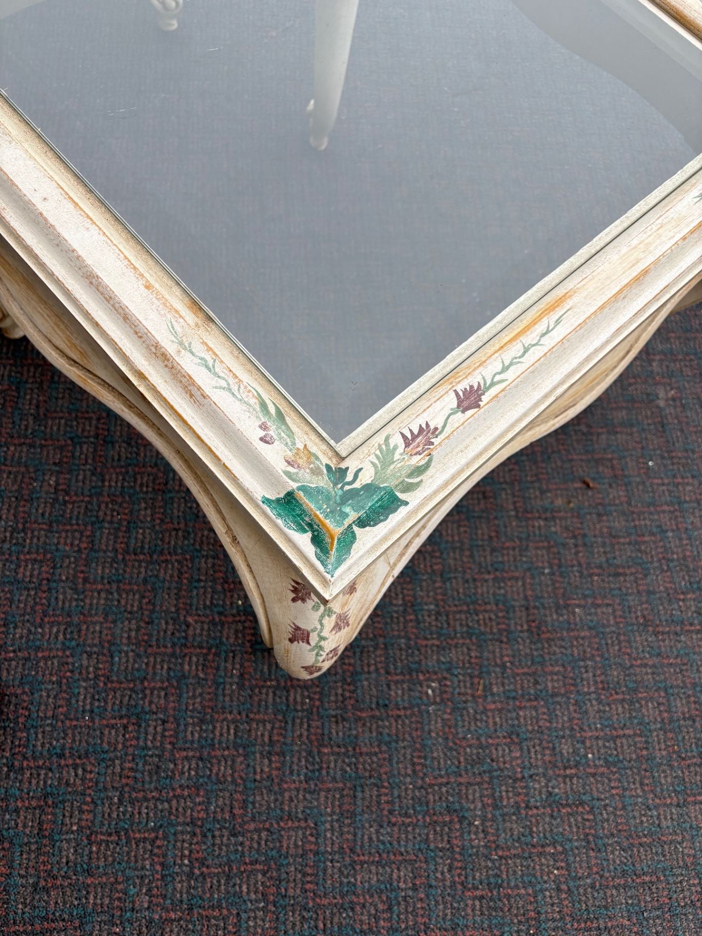 61856 PAIR  of French Provincial ITALIAN Hand Painted Glass Top End Tables