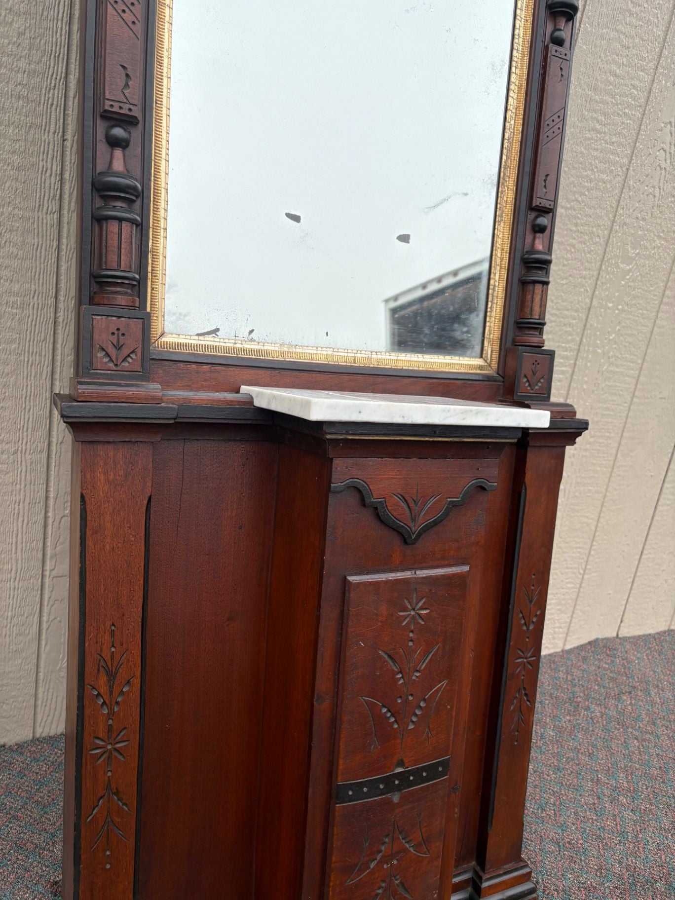 66659  Victorian Eastlake Pier Mirror with Marble Shelf, Walnut Wood