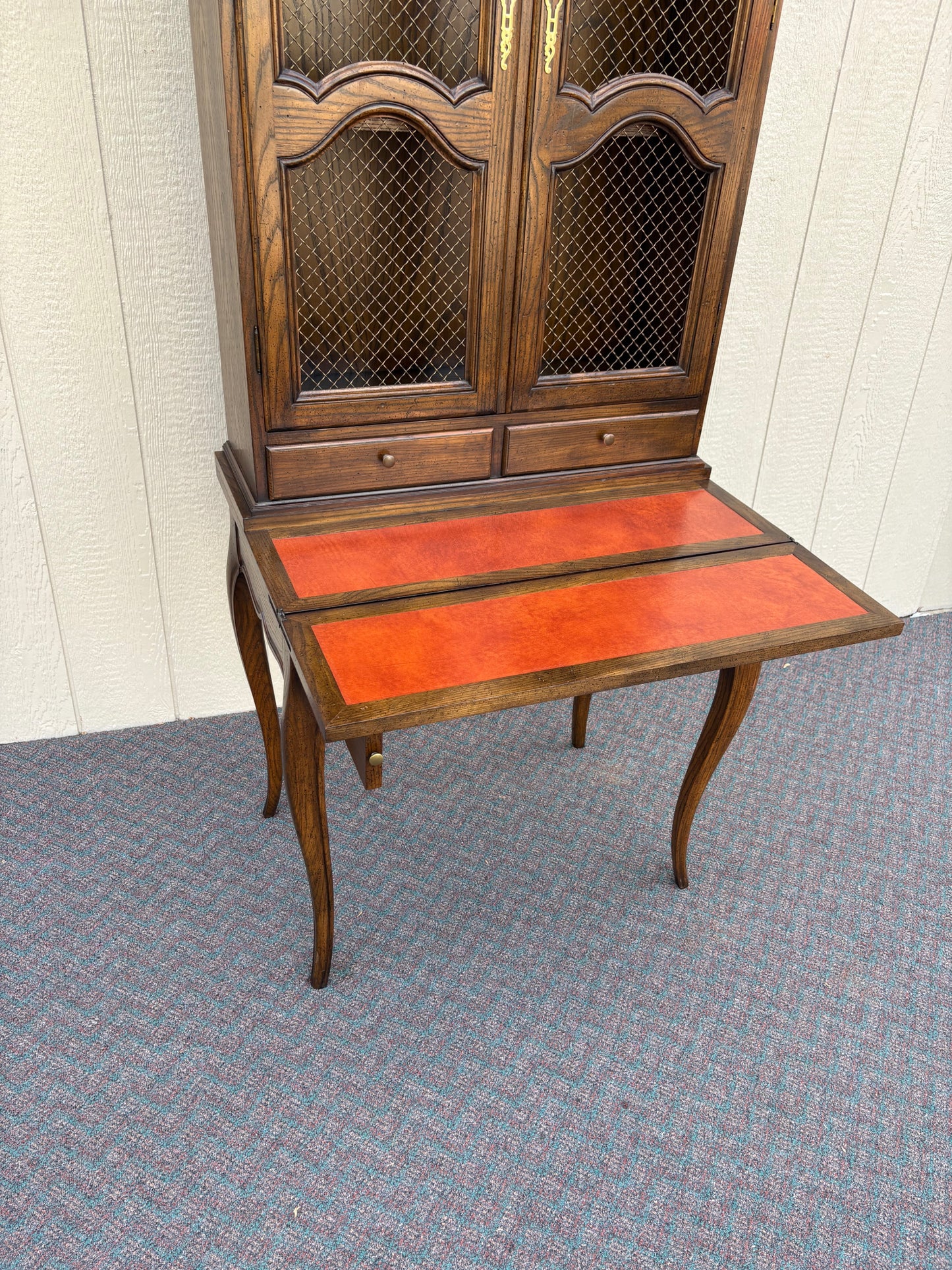 67743 Baker French Provincial Secretary Desk with Hutch, Wood and Leather