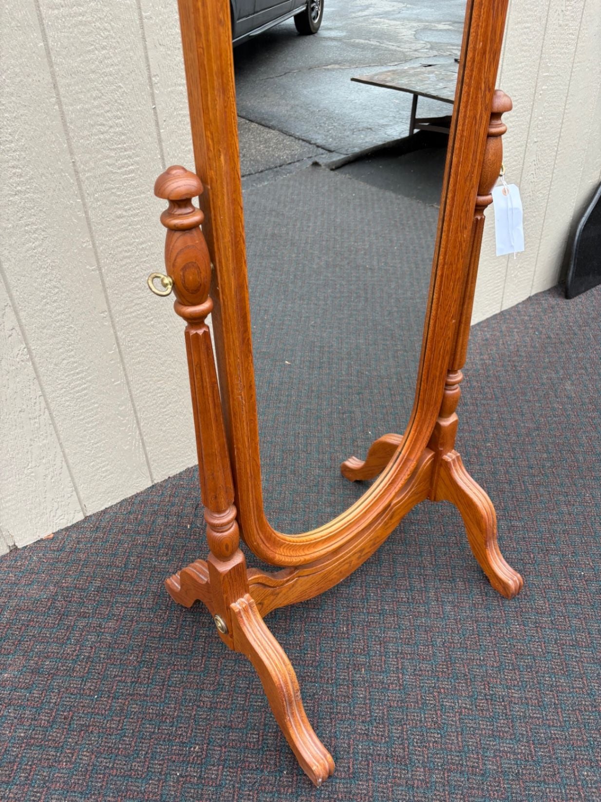 66934  Elegant Oak Cheval Mirror with Turned Supports and Oval Glass