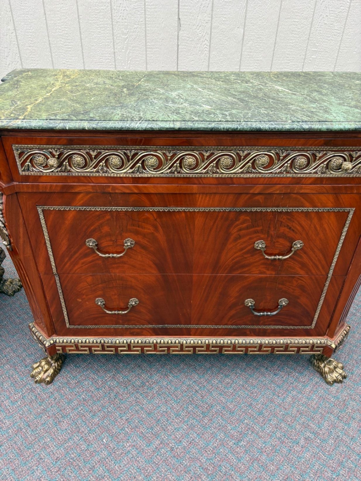 67522 Neoclassical Mahogany and Green Marble Top Sideboard
