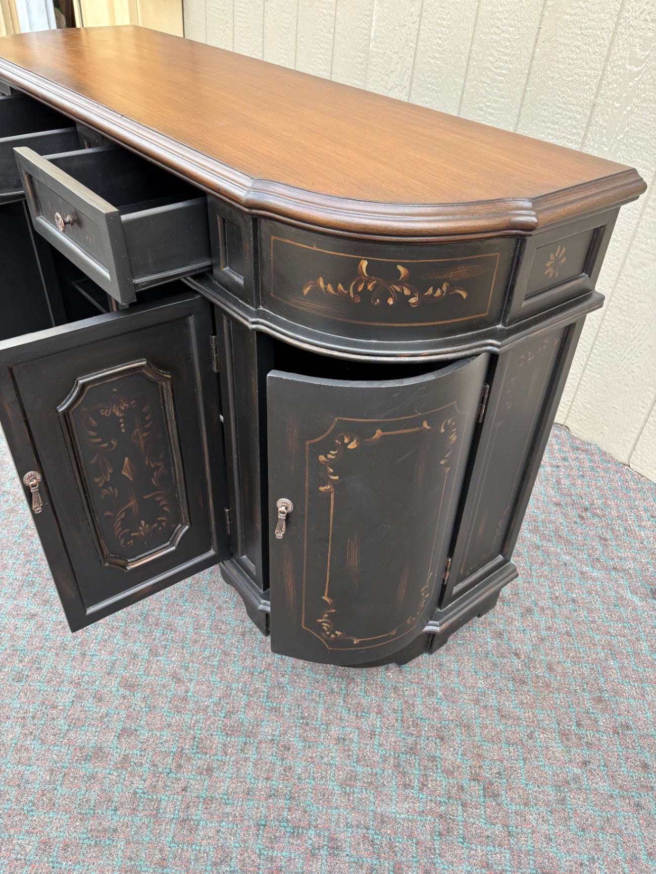 67888 Vintage Italian Style Black Buffet Sideboard with Hand-Painted Details