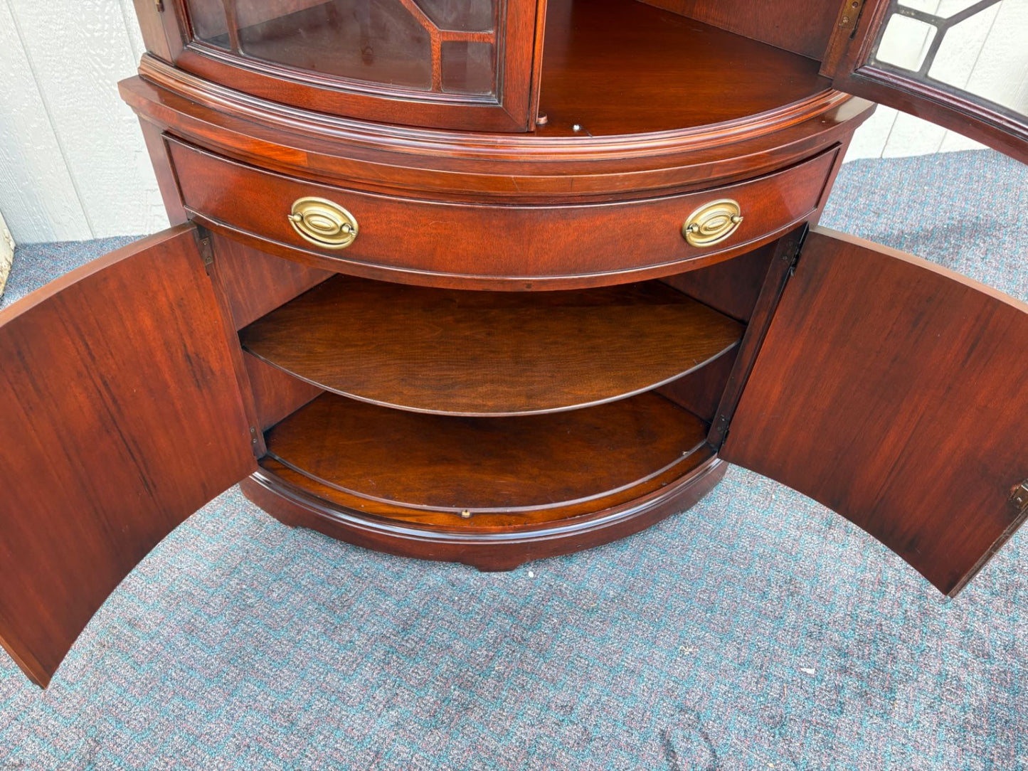 67479  Mahogany Corner Cabinet with Glass Doors and Brass Hardware