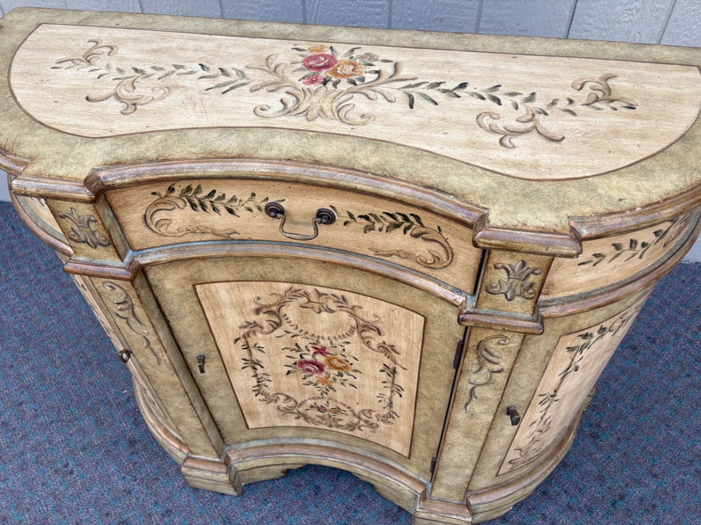 67889  Hand-Painted Floral Demilune Cabinet with Distressed Finish