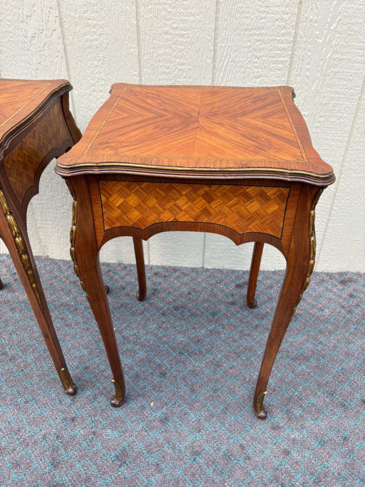 68095 Pair of French Louis XV Style Inlaid Marquetry Side Tables