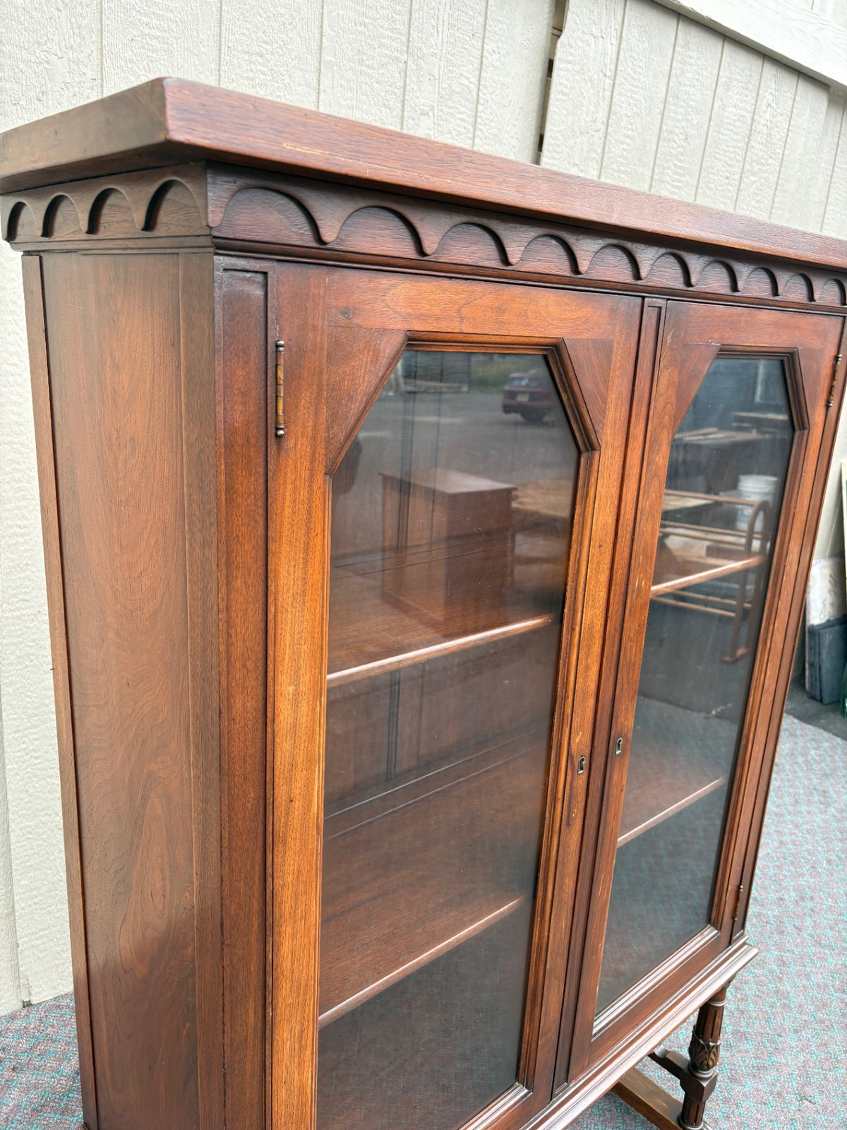 68180  1940s Walnut China Cabinet with Carved Details and Glass Doors